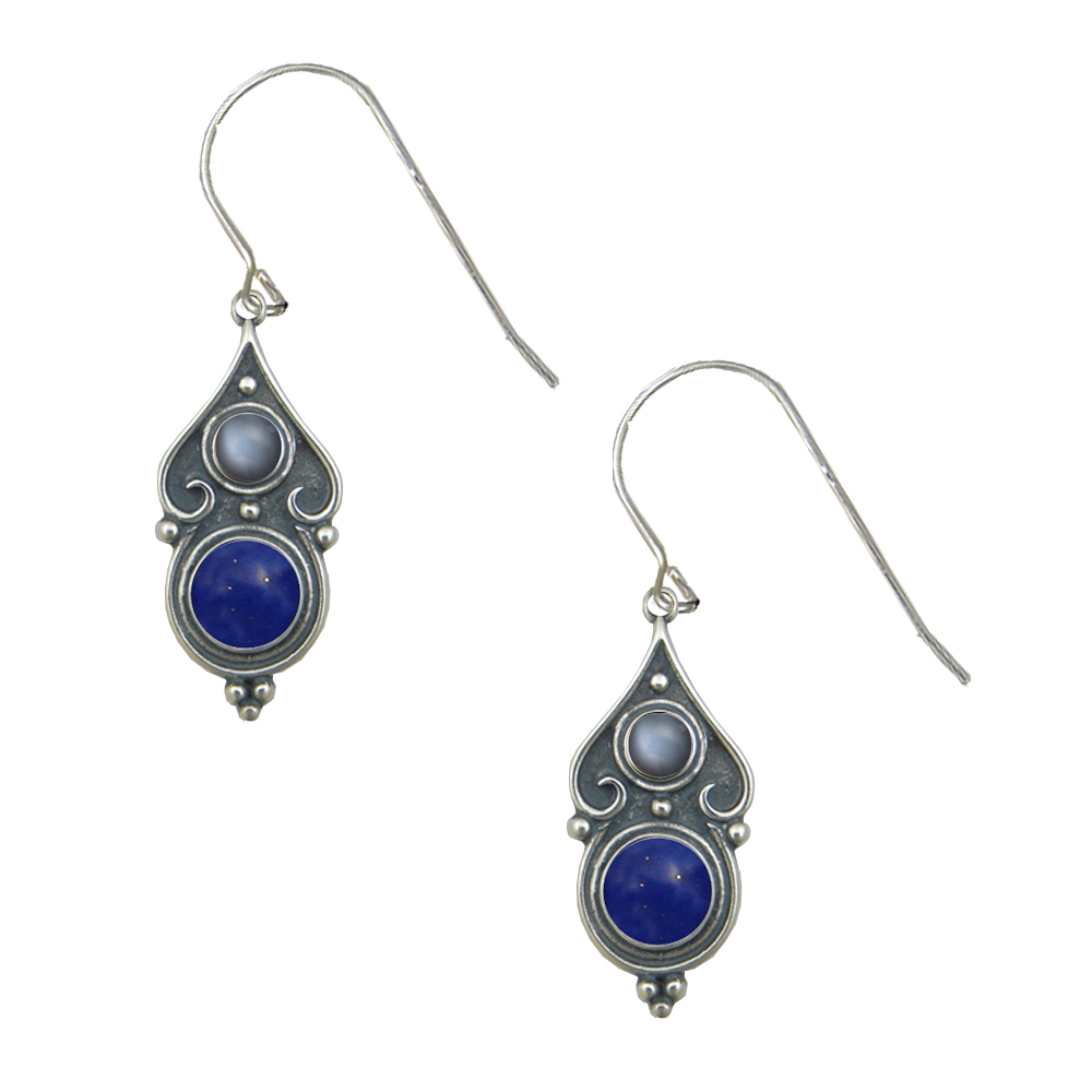 Sterling Silver Designer Post Stud Earrings With Lapis Lazuli And Grey Moonstone